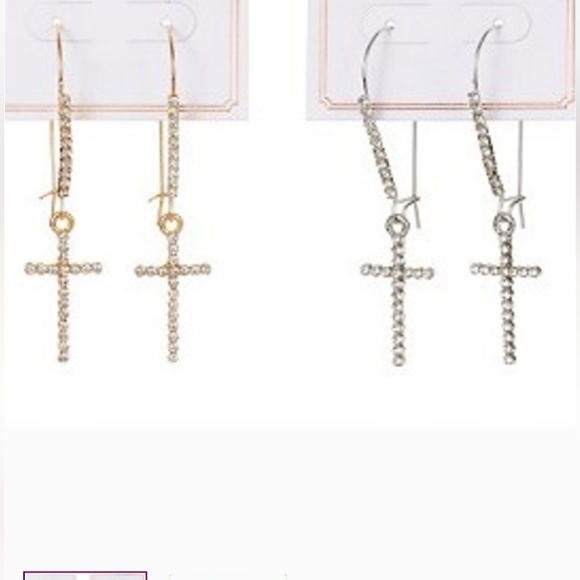 Gold Crystal Cross Drop Earrings, Goldtone 42x18mm NEW - Picture 2 of 7